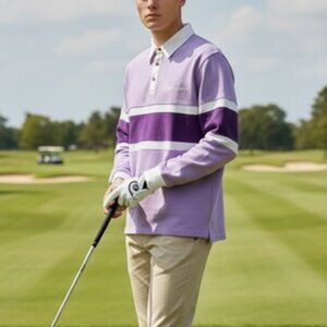 Bogey Boys Purple Mid Stripe Rugby Golf Polo Long Sleeve - Men’s Small NWOT